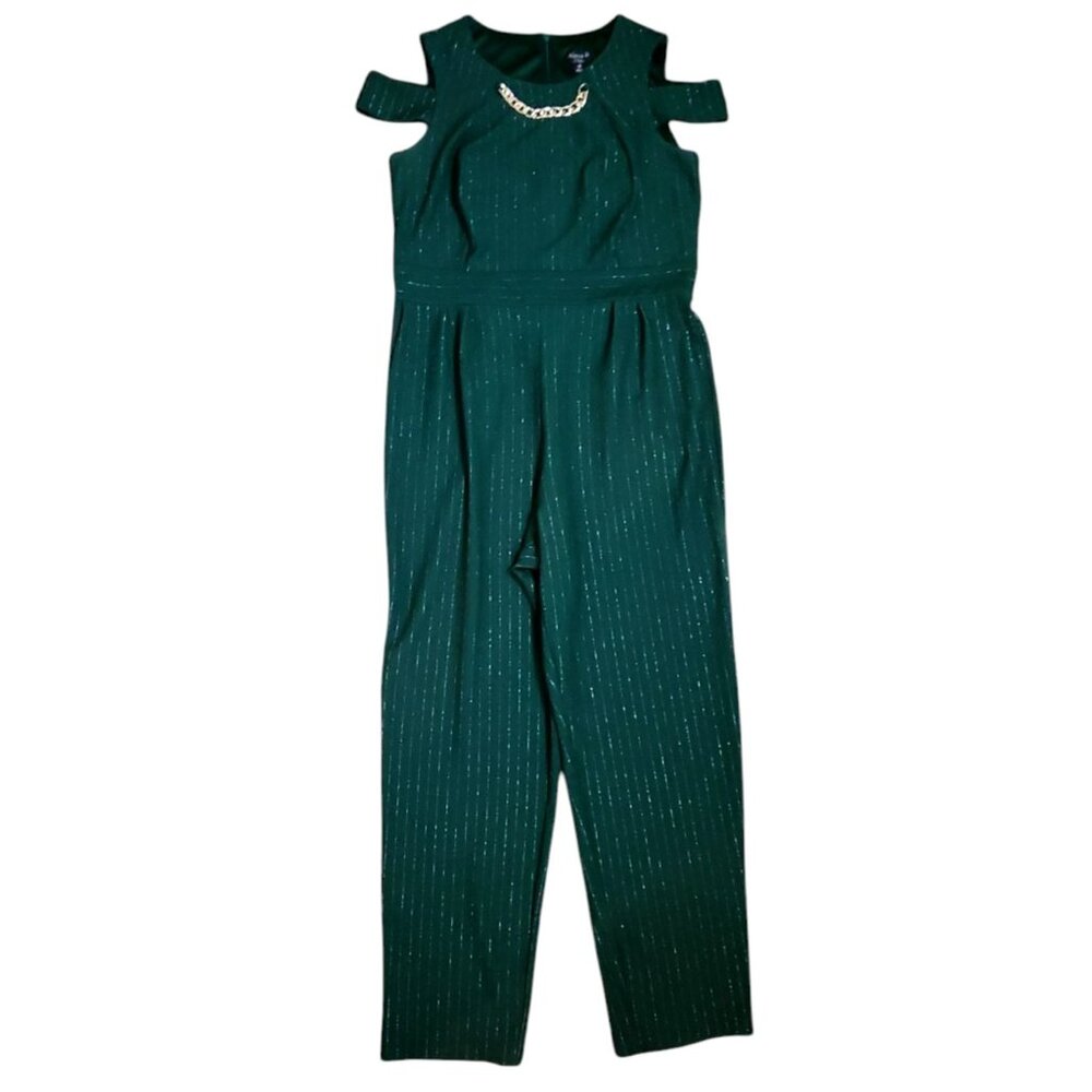 Alexa B Nites Jumpsuit Womens Size 14 Green Gold Striped Cold Shoulder Zip Up